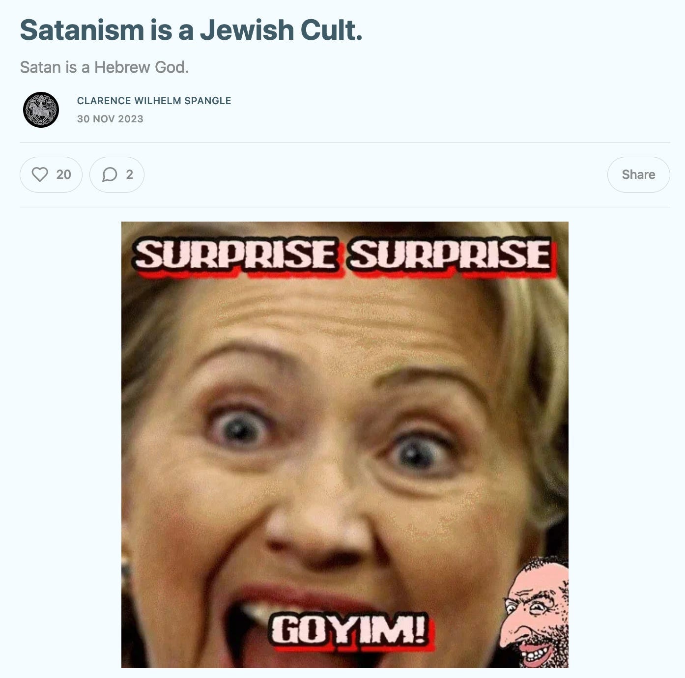 A screenshot of an article on the Nazi Substack Nordic Pagan Soldier. Hillary Clinton is pictured with an anti-Semitic caricature saying "GOYIM!"