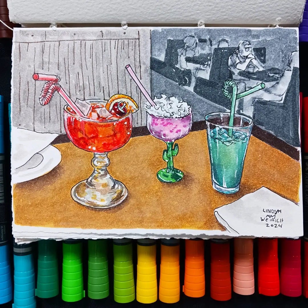 illustration of cocktails on a table in a restaurant