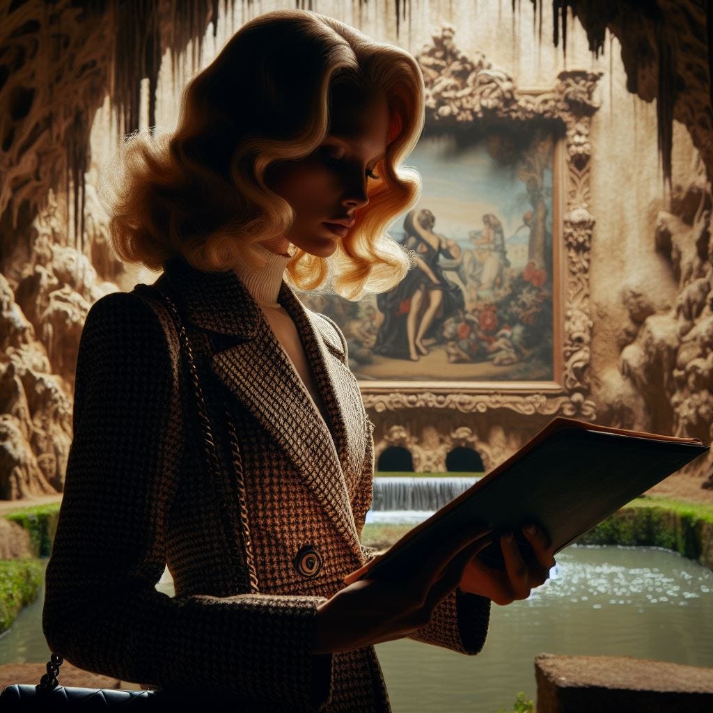 show me a narrow shot of an elegant blonde female Professor dressed in a Chanel suit in silhouette on sabbatical researching a Renaissance grotto in the style of the grotta grande in the boboli gardens 