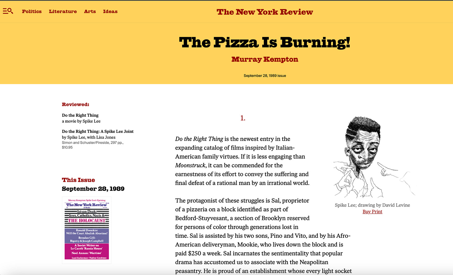 This image shows the title and first two paragraphs of the online version of Murray Kempton's 28 September 1989 New York Review of Books' article about Spike Lee's Do the Right Thing (titled "The Pizza Is Burning!").