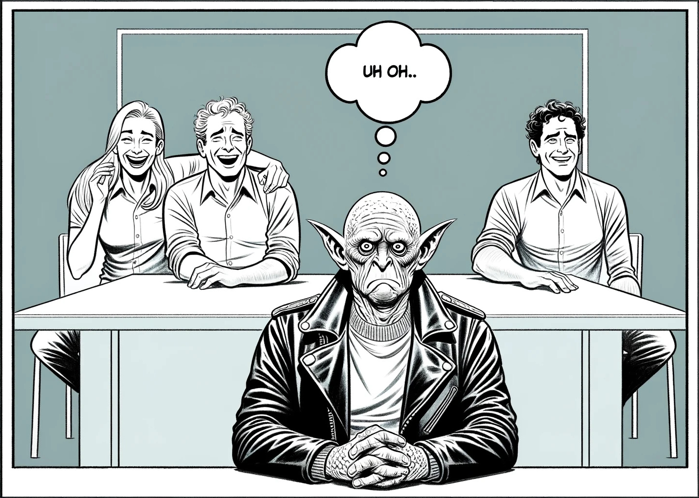 A black and white pencil-drawn comic strip panel. It features a long rectangular table where three individuals, two men and a woman, are seated on the left side, visibly laughing and enjoying themselves. Opposite them, on the right side of the table, sits a character named "Reality," who is drawn with a bald head, pointed ears, a leather jacket, and a deeply wrinkled face that conveys frustration. Above "Reality" is a thought bubble with the words "UH OH..," indicating his concern about the collaborative spirit of the team across from him. The room is simply furnished with a plain backdrop, emphasizing the characters and their interaction.