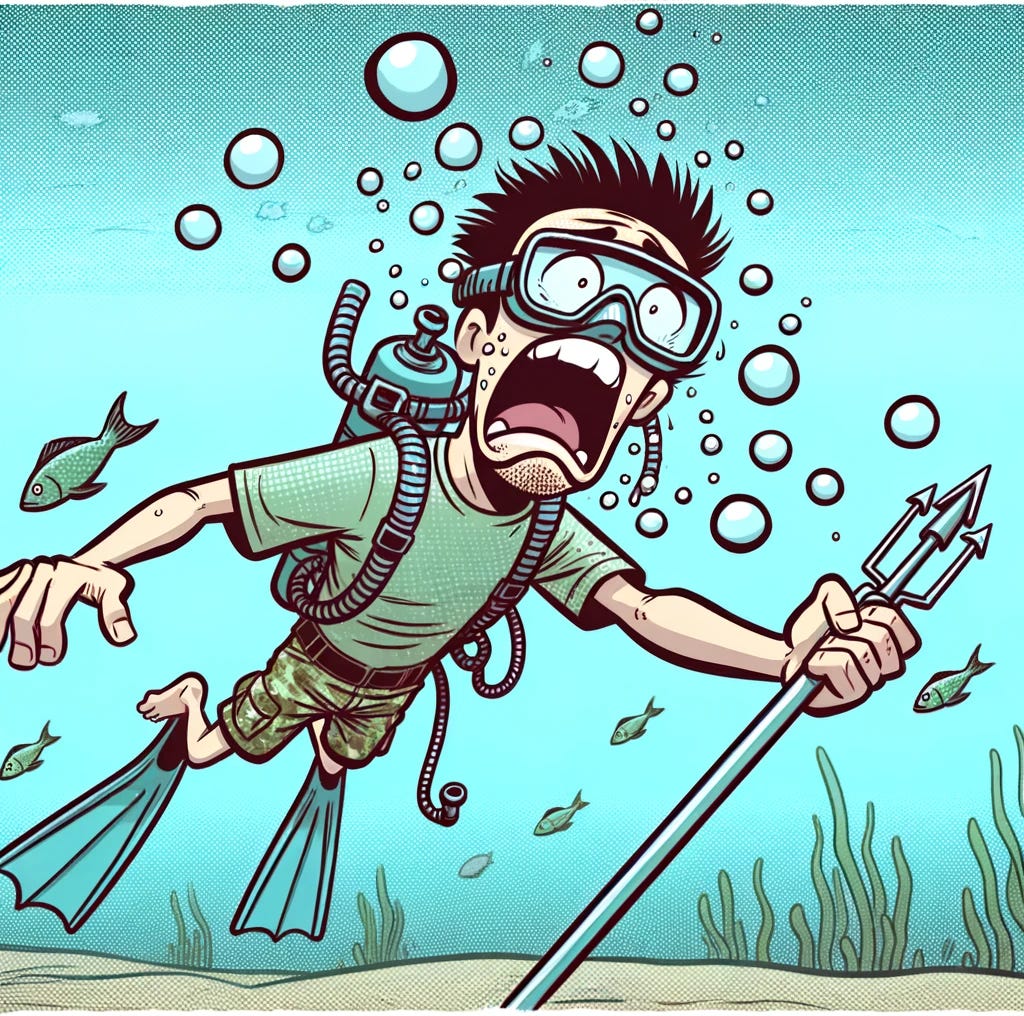 A whimsical, comic-book style illustration depicting a person spearfishing underwater. The character displays a facial expression of panic. They are holding a simple, clearly visible spear in one hand. The underwater setting is minimalistic, featuring a few fish around the character, emphasizing their struggle and humorous exaggeration of the situation.