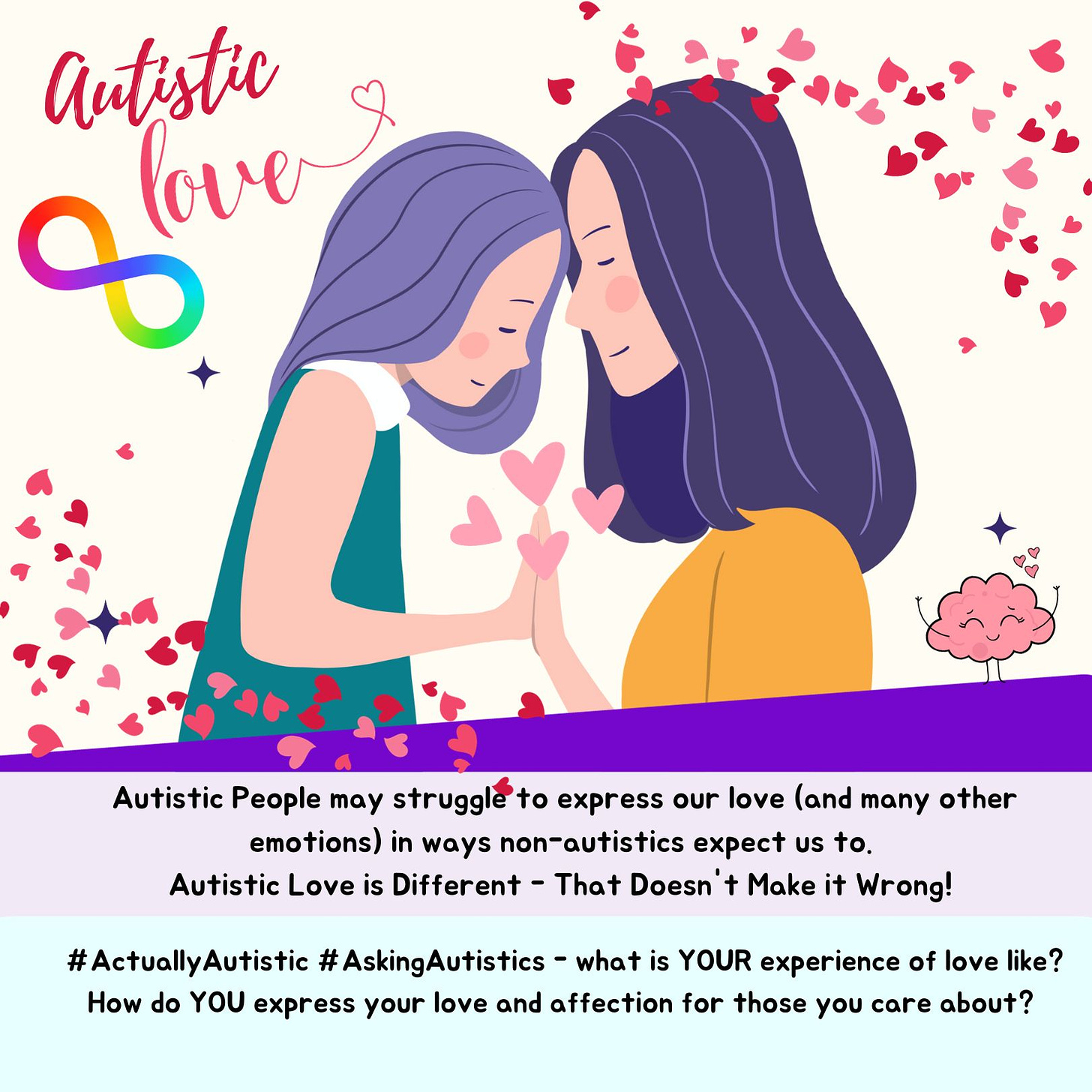 Autistic People may struggle to express our love (and many other emotions) in ways non-autistics expect us to. Autistic Love is Different - That Doesn't Make it Wrong! #ActuallyAutistic #AskingAutistics - what is YOUR experience of love like? How do YOU express your love and affection for those you care about? 