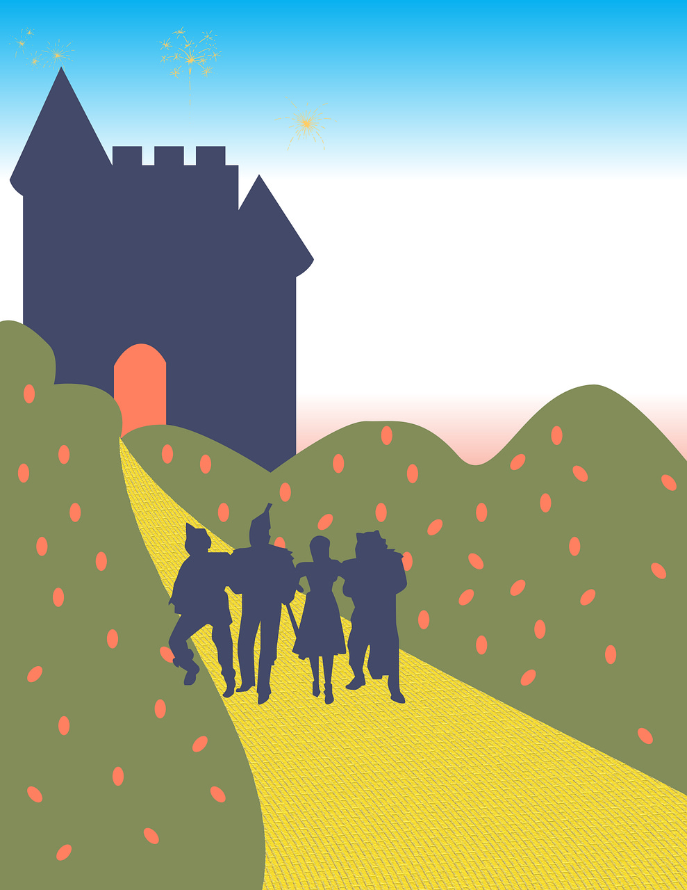 illustration inspired by the Wizard of Oz, with Dorothy, scarecrow, lion and scarecrow arm-in-arm walking down the yellow brick road towards a castle. They are viewed from behind, and the castle has a dark outline with a glowing, inviting orange doorway. Green flowering bushes are on either side of the path