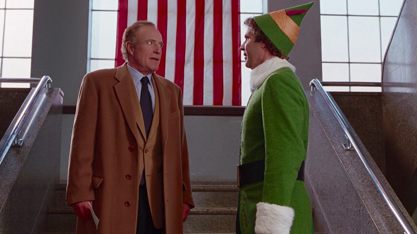 James Caan and Will Ferrell in "Elf" (2003), a film that I consider, in my own headcanon, to be in conversation with discourses surrounding intellectual disability