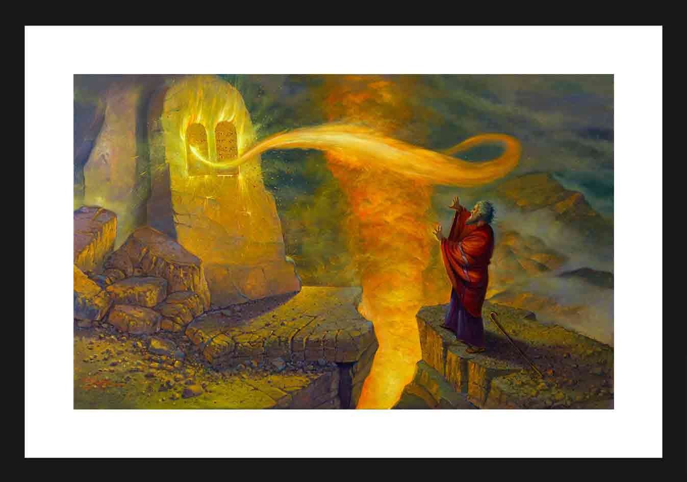 God gives Moses the 10 commandments written on a stone tablets, Fine ...