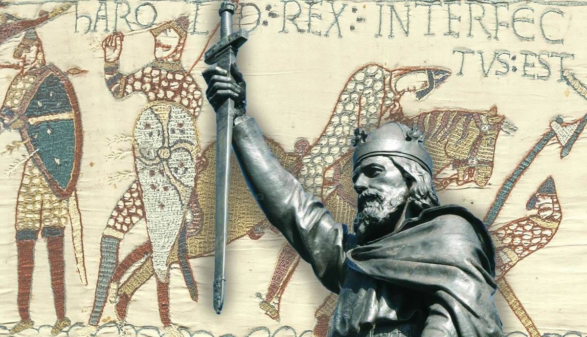 anglo saxon king alfred statue with bayeux tapestry