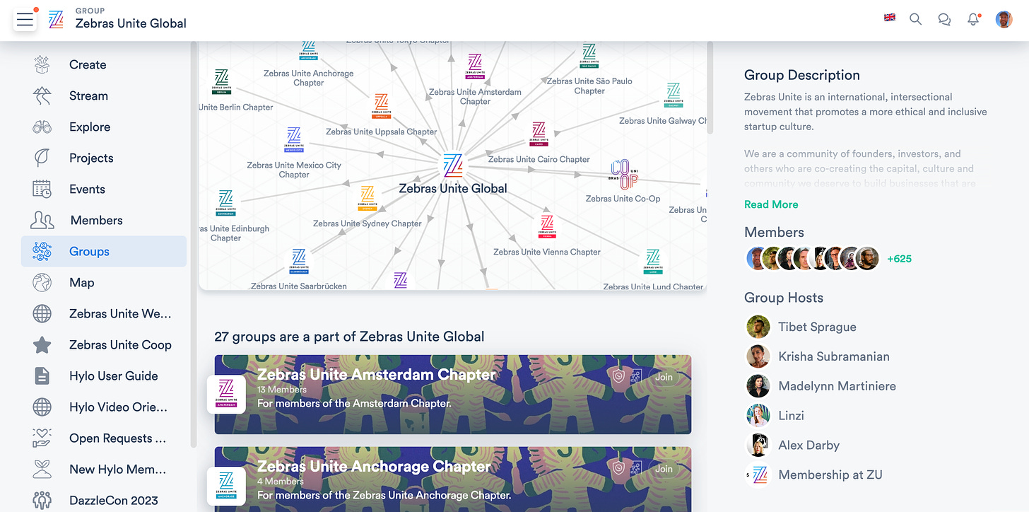 A a screenshot of a website, with a menu at left, a spider-web graphic of interconnected icons with titles like “Zebras Unite Global,” “Zebras United Cairo Chapter” and “Zebras Unite Co-Op” in the center, and a column at right reading “Group Description.”