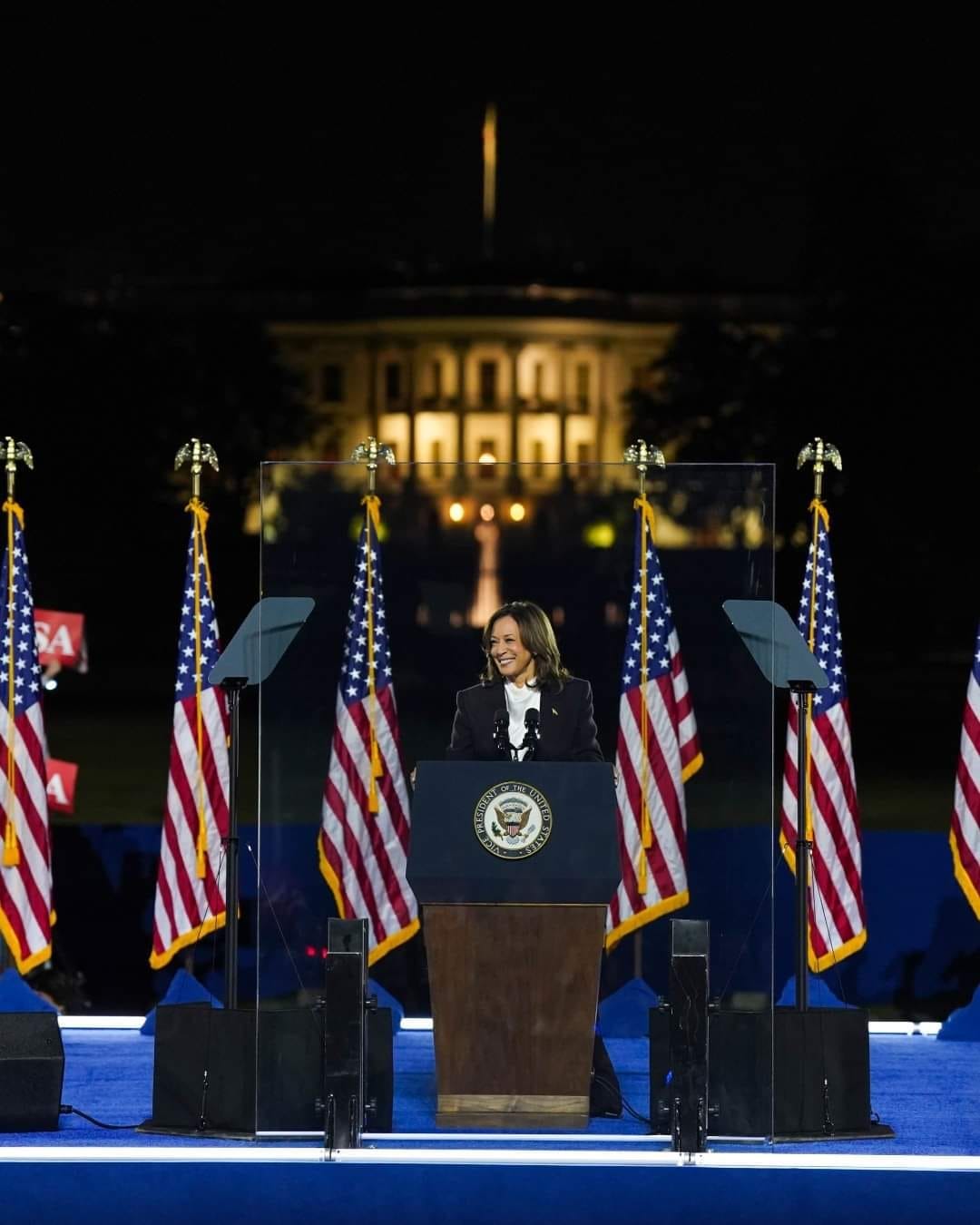 photo of Kamala Harris smiling and standing in front of the White House, with American flags behind her.