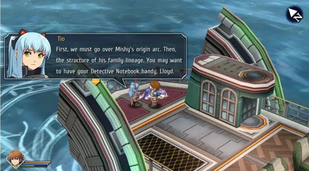 A screenshot from Trails to Azure, with party member Tio saying, "First, we must go over Mishy's origin arc. Then, the structure of his family lineage. You may want to have your Detective Notebook handy, Lloyd."