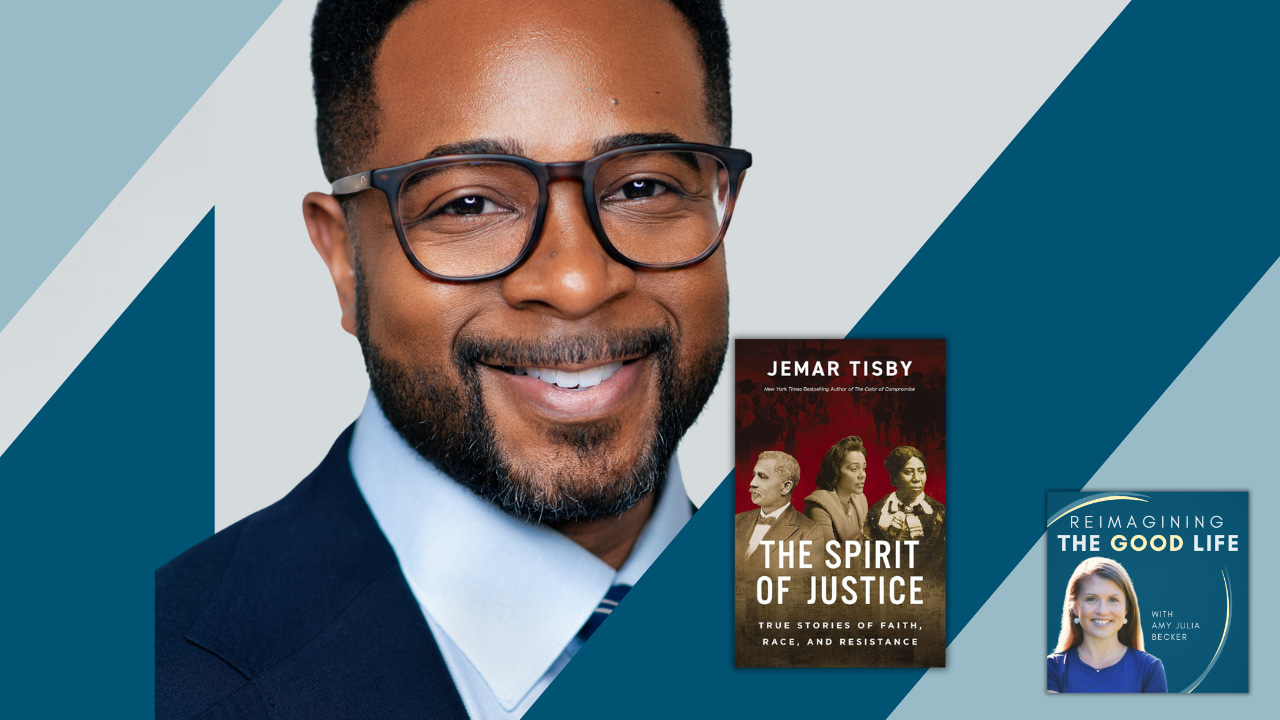 graphic with a photo of Jemar Tisby. Dark and light blue bars cut diagonally through the left and the right of the photo. There is an overlay of the book cover of ”The Spirit of Justice” and the “Reimagining the Good Life” podcast logo in the bottom right corner.