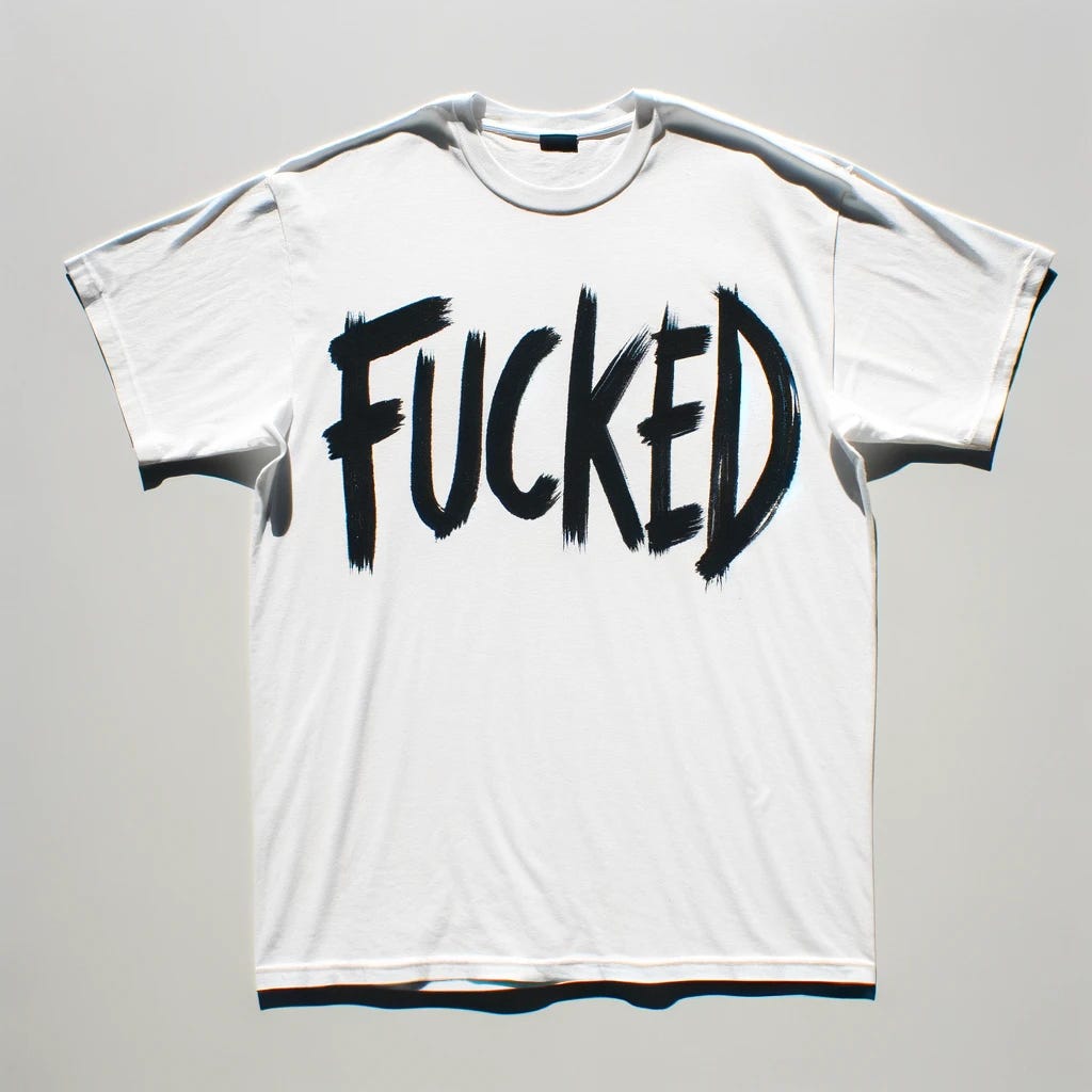 a plain white t-shirt with the word "FUCKED" written in large, uneven black letters across the front. The letters are irregular in size and alignment, giving a hand-written, hastily scribbled appearance. The background is a simple, unadorned white, emphasizing the boldness of the black text. The t-shirt is displayed flat, with no folds or creases, to clearly show the design.