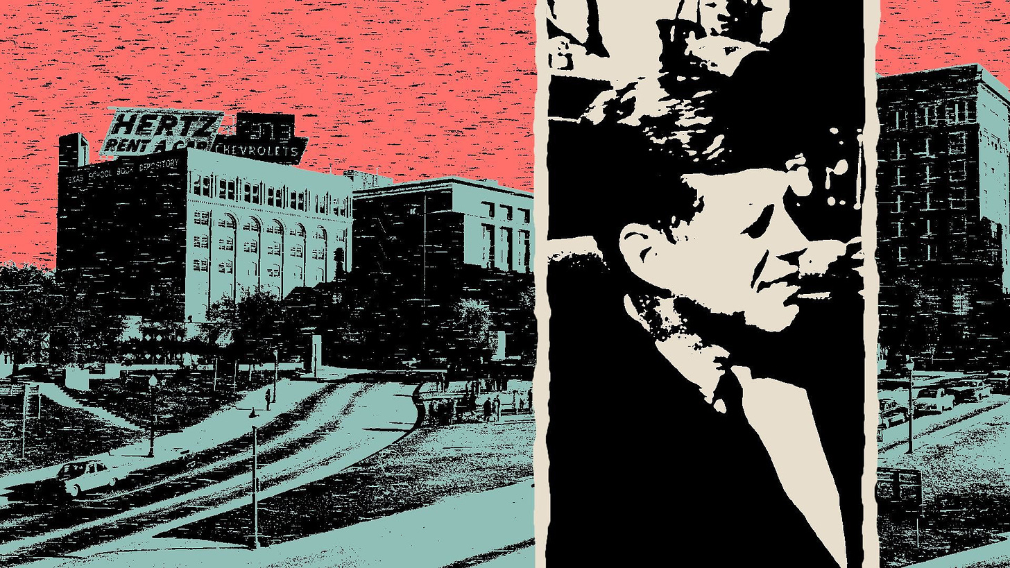 Photo illustration of a collage of John F. Kennedy over Dealey Plaza in Dallas.