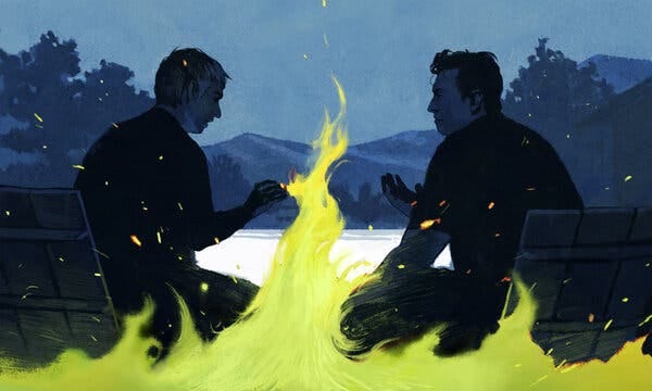 An illustration of Larry Page and Elon Musk sitting and talking by a yellow-green fire beside a pool outside at night.