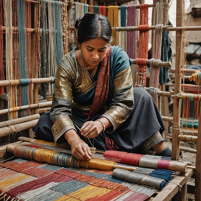 Woman weaving fabrics.