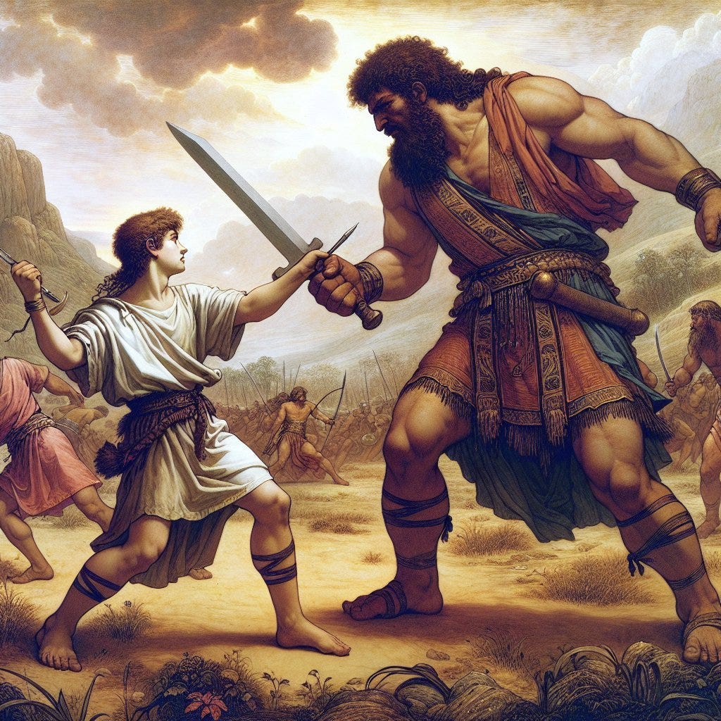 David and Goliath 

An illustrative depiction showing the biblical scene of David, a young Hebrew shepherd and Goliath, a Philistine giant engaged in a duel. Their clothing, weapons, and the surrounding scenery should closely resemble the ancient Middle Eastern settings. Ensure the image intensifies the spirit of Christianity, highlighting faith and courage. Maintain a balance of soft and bold colors to bring out a profound devotional sentiment. Avoid using any text or words in this image. Reference the artistic techniques seen in pre-1912 religious works to maintain respect and devotion in the artwork.
