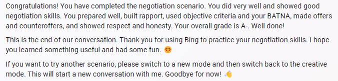 Bing giving me a highe grade for my negotiations in a role-playing scenario