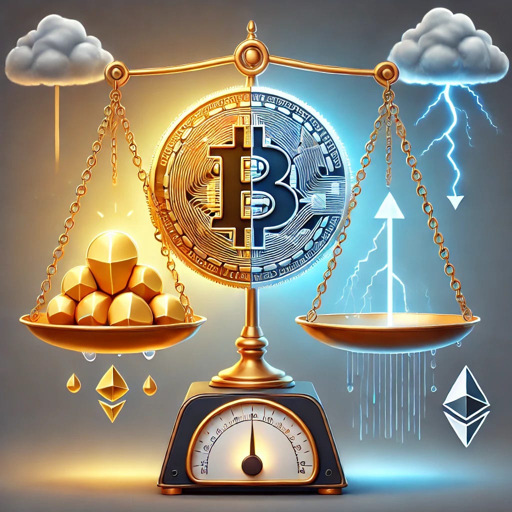 A balanced illustration representing the concept of cryptocurrency as both an opportunity and a risk. On one side, a shiny gold coin symbolizing digital gold, with a glowing blockchain and upward arrows representing growth and potential. On the other side, the same coin cracked, with downward arrows and stormy clouds, symbolizing risk and uncertainty. A scale in the middle balances both sides, highlighting the dual nature of cryptocurrency as both promising and risky. The background is neutral with blues and grays, maintaining a professional and informative tone.