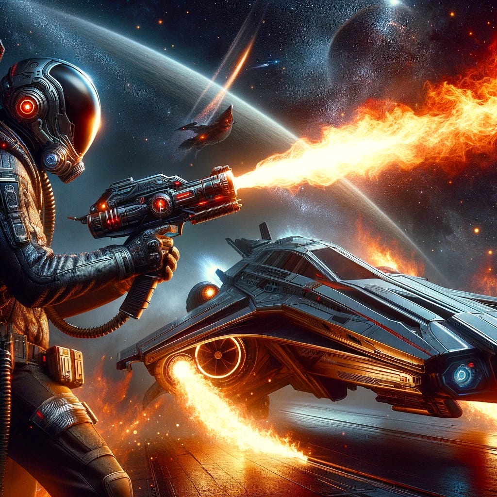 A futuristic scene depicting a trader wielding a flamethrower, which is emitting intense flames, energizing a sleek spaceship beside him. The trader is wearing a high-tech suit with multiple gadgets and a helmet. The background features a starry sky and a distant planet. The spaceship is streamlined and metallic, reflecting the fiery glow. The image captures a dynamic and adventurous atmosphere, emphasizing the power and technology in this interstellar setting.