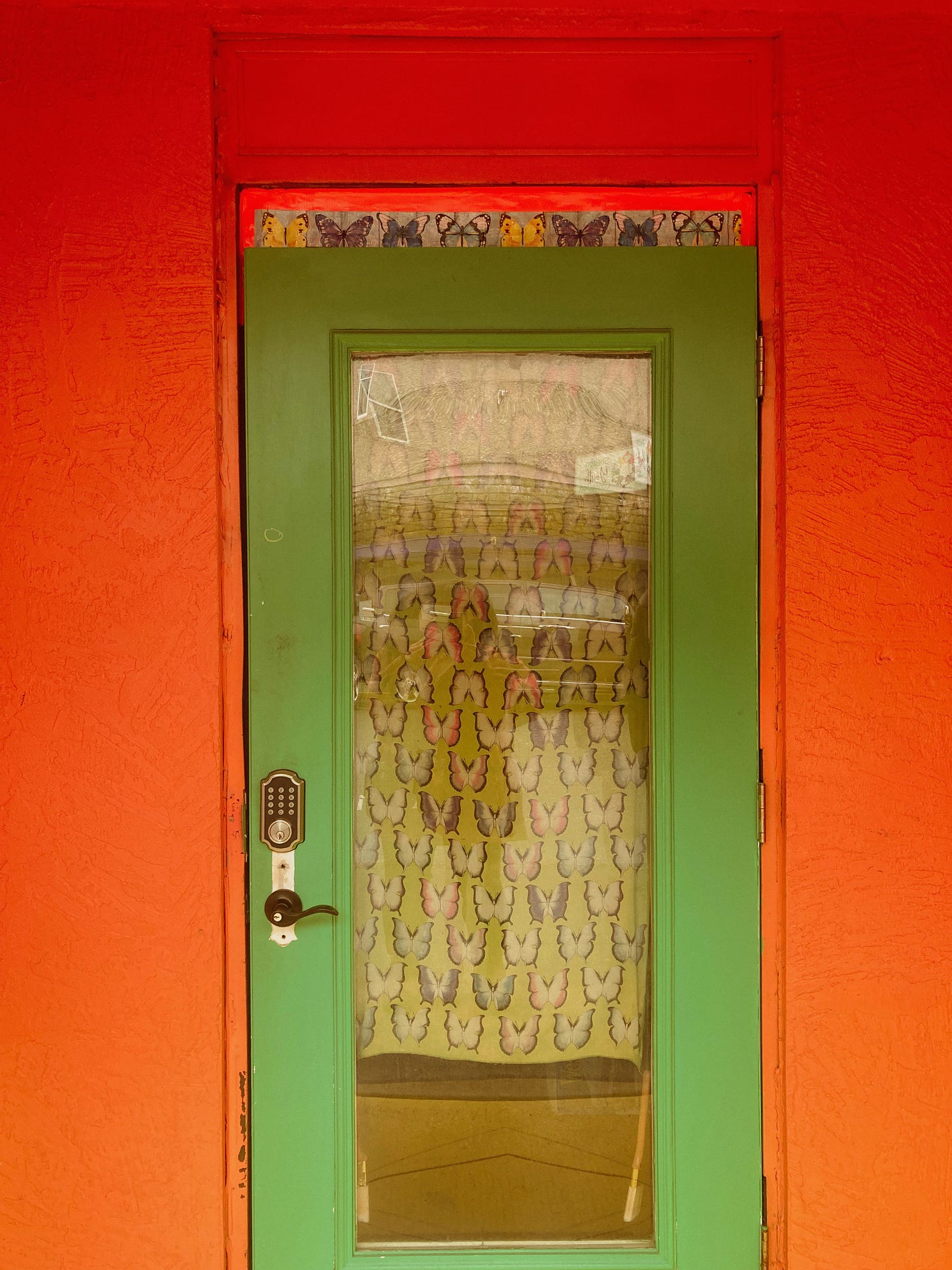 A green door against bright orange walls. There is butterfly-printed fabric hanging on the other side of the glass of the window.