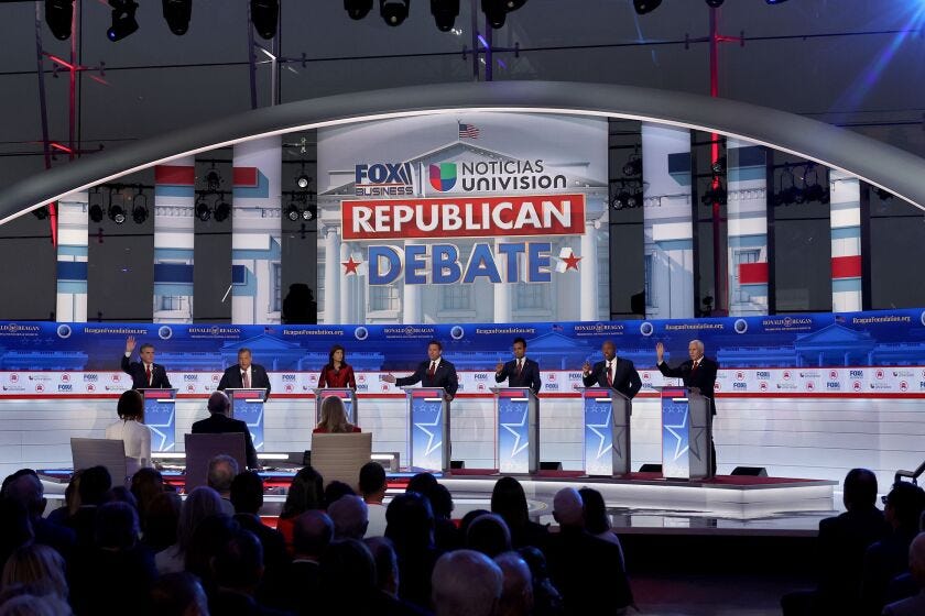 Seven candidates onstage during the second Republican Primary Debate at the Ronald Reagan Presidential Library.