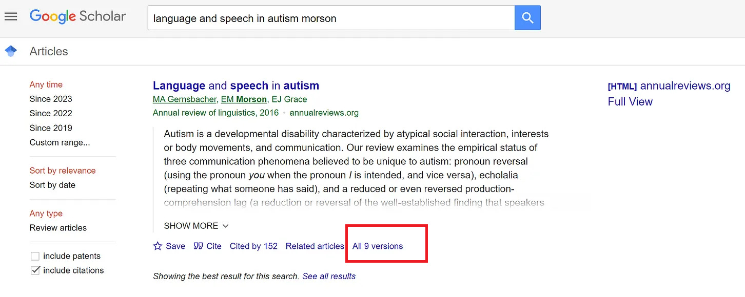 Screenshot of a Google search with the query "language and speech in autism morson." I have added a red square to draw attention to a link below the text snippet that says "All 9 versions."