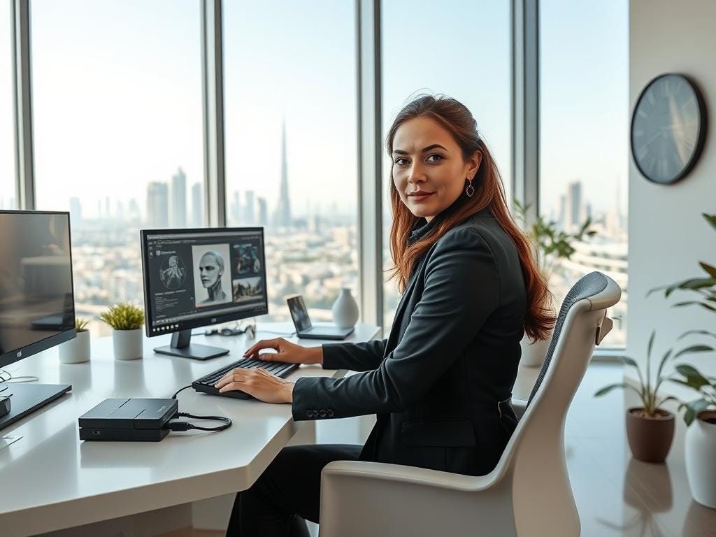 A businesswoman with auburn hair, wearing a black blazer, sits at a white desk in a modern office with a cityscape view