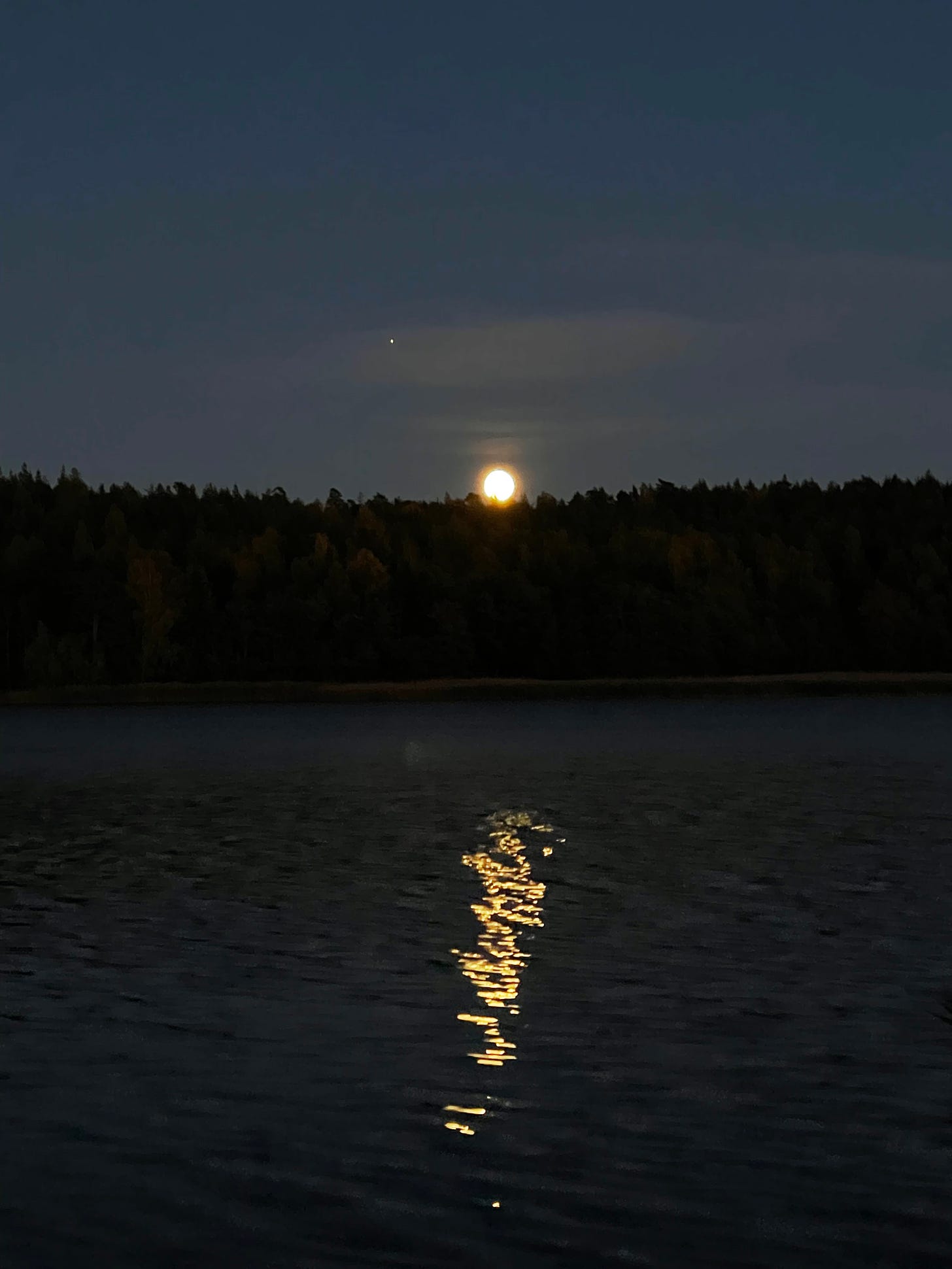 glowing moon rising above a forest lined horizon with the moonlight reflected on the water in the foreground