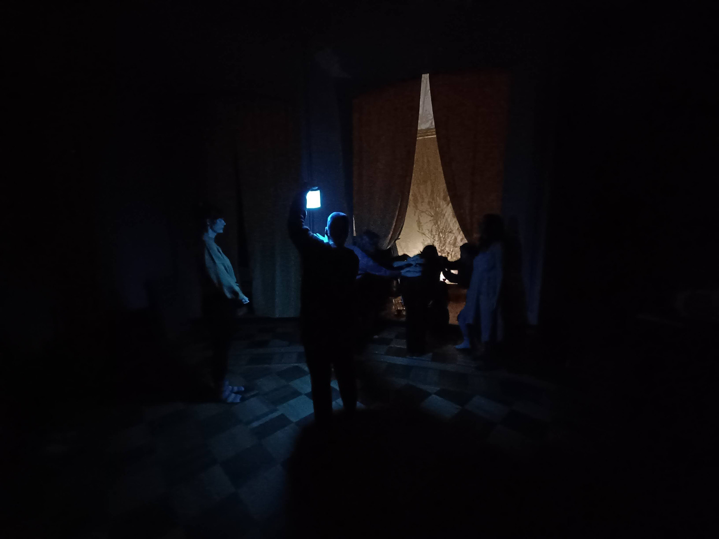 Most of the image is dark, but a figure holds up a lantern giving off blue light. Through a parted curtain you can make out a golden light with the shadows of branches and several figures clustered together as they bow.