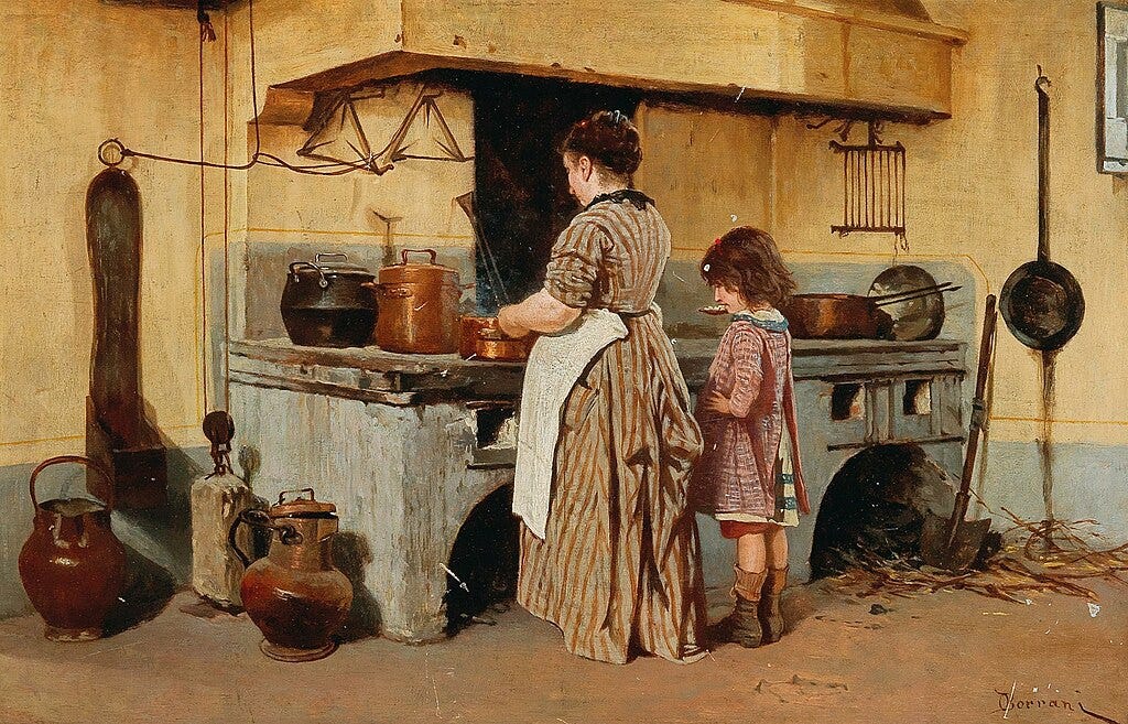 "At the stove (unknown date), by Odoardo Borrani" Public domain via Wikimedia Commons.