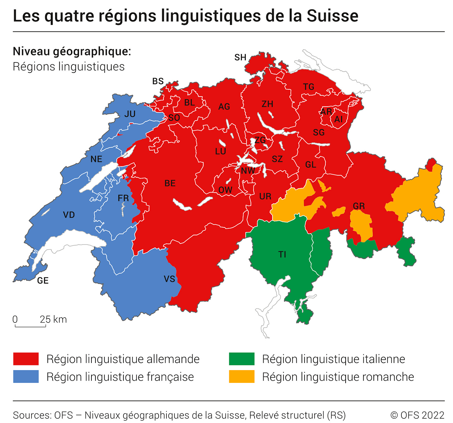 Mappa della Svizzera che ne illustra le regioni linguistiche assegnando a ciascuna un colore e precisando le sigle cantonali