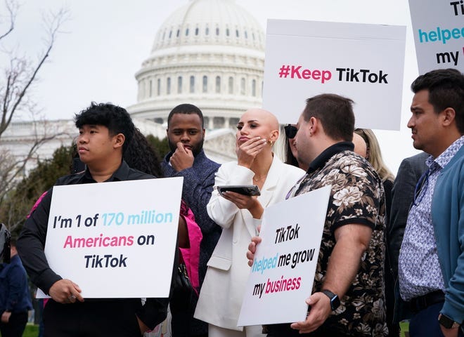 Mar 13, 2024; Washington, DC, USA; Protesters outside of the United States Capitol as the House voted and approved a bill Wednesday, March 13, 2024, that would force TikTok’s parent company to sell the popular social media app or face a practical ban in the U.S. Mandatory Credit: Jack Gruber-USA TODAY ORG XMIT: USAT-tik tok vote (Via OlyDrop)