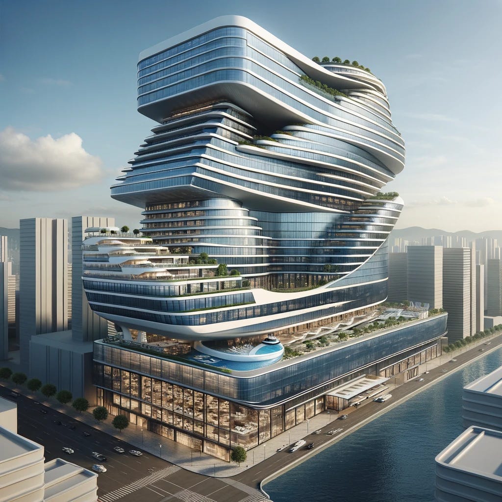 A futuristic hybrid office and residential building designed to vaguely resemble a cruise ship stood on end. The building should have a unique, towering shape, with sleek, curved lines and large glass windows, reflecting the aesthetic of a modern cruise ship. It should feature visible elements common in both office buildings and residential structures, like balconies, terraces, and large communal spaces. The building stands amidst a cityscape, with smaller buildings around to emphasize its impressive stature and innovative design.