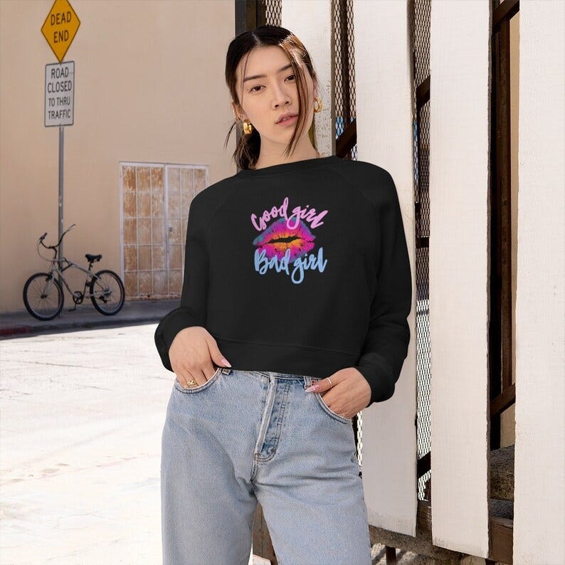 Good girl bad girl, Women's Cropped Fleece Pullover sweatshirt Naughty sweatshirt Cute sweatshirt Gifts for her Winter sweatshirt image 1