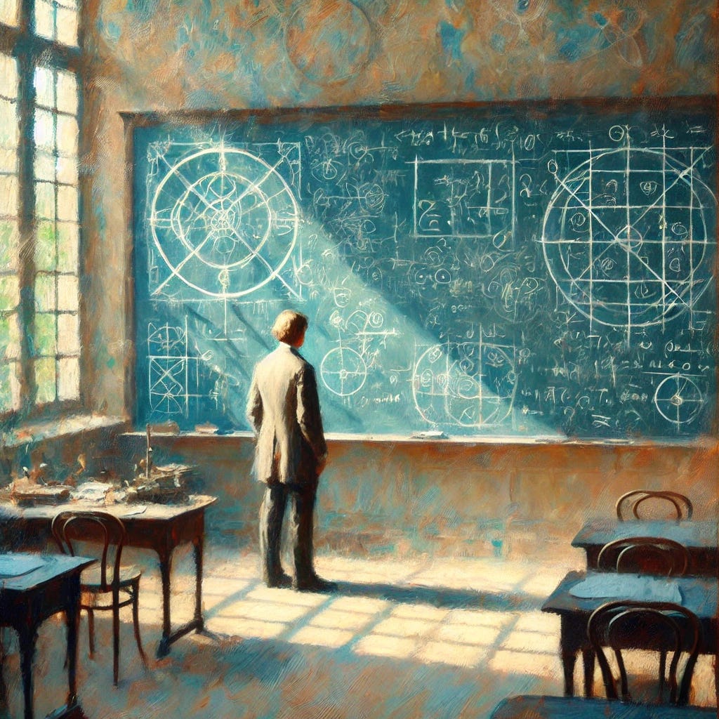 An impressionistic oil painting in the style reminiscent of Fritz Syberg, depicting a man standing in front of a large chalkboard in a university in Copenhagen, deep in thought. The chalkboard is covered with designs, shapes, and complex equations. The scene is bathed in soft, dappled light, creating a serene, contemplative atmosphere. The color palette is gentle and pastel-like, capturing the peaceful essence of intellectual reflection and quiet focus. The environment feels scholarly, with a blend of focus and tranquility typical of a calm day in an academic setting.