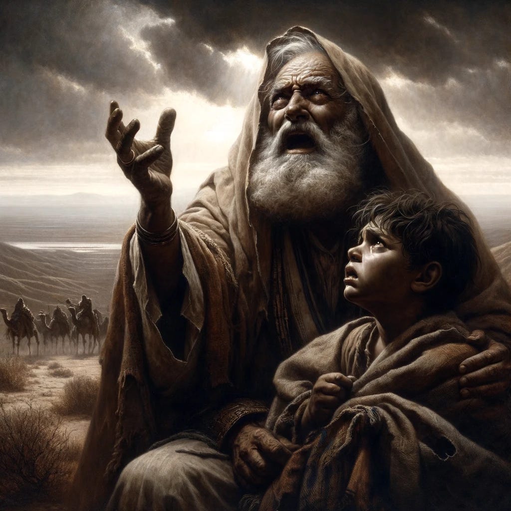 An evocative depiction of the biblical story where God commands Abraham to sacrifice his son Isaac. The artwork should portray a dramatic and tense moment on a barren mountain. Abraham, an elderly, bearded man in ancient Middle Eastern attire, shows a conflicted expression as he looks skyward, presumably communicating with God. Isaac, a young boy, appears resigned yet innocent, unaware of his impending fate. The setting is stark, with sparse vegetation and a distant view of the horizon under a somber sky. The style should be realistic, capturing the emotional intensity and the gravity of the moment.