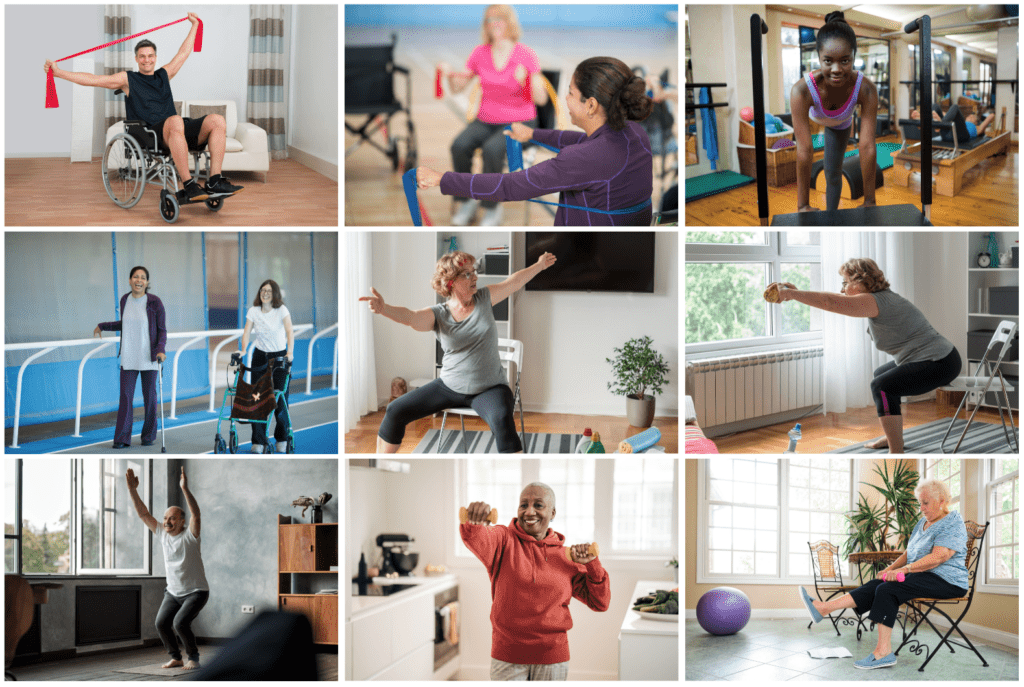 People exercising at venues, gyms and at home