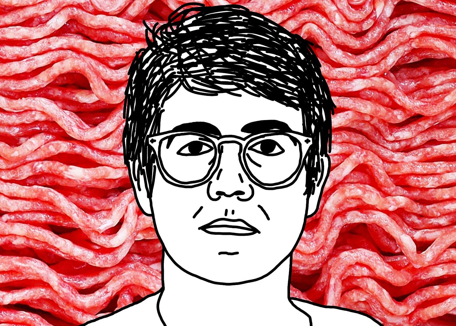 A black line drawing of Alex, the protagonist of "I Hear You Watching." He is white, short messy parted hair, glasses. He stares straight at you, unsmiling. Behind him is a background of wavy strands of ground beef.