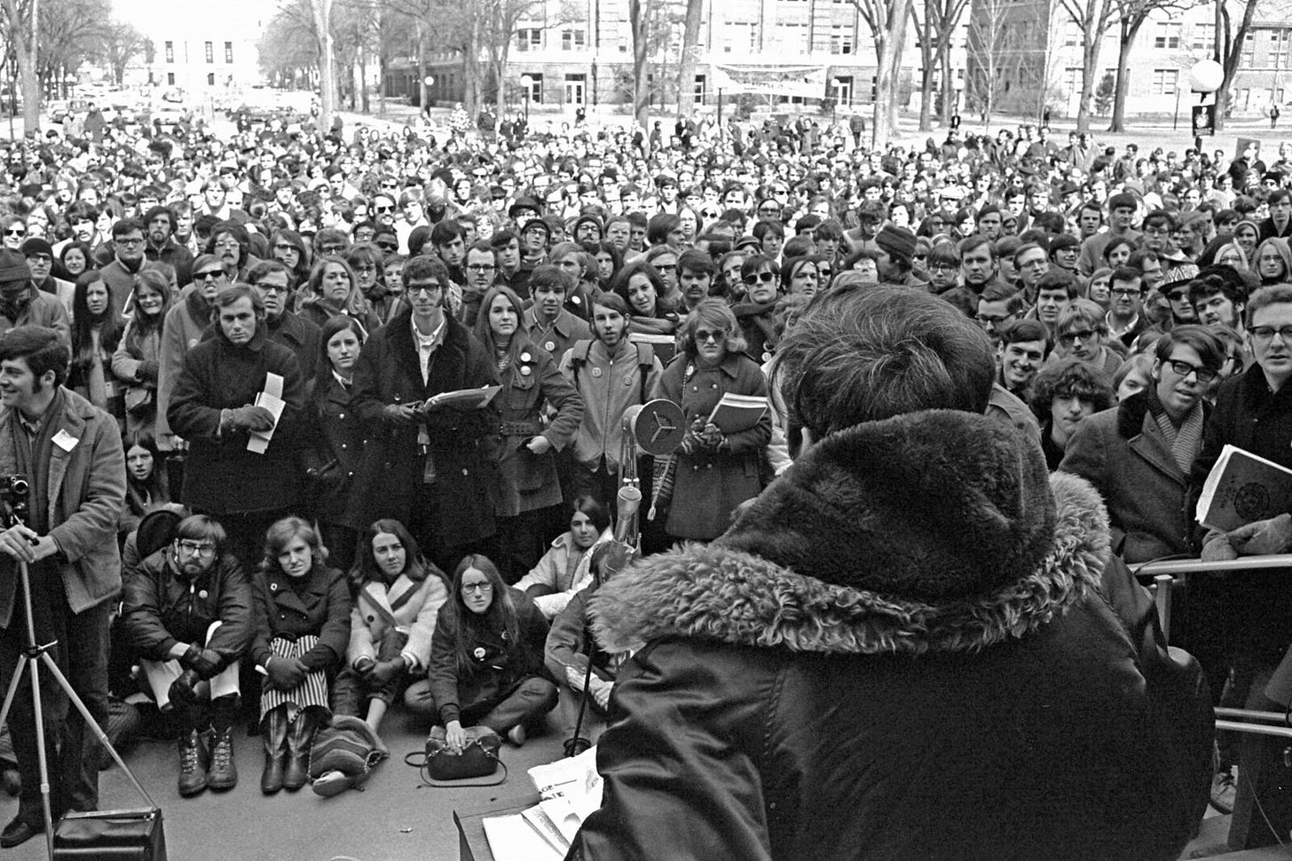 Black and white photo of a crowd at rally.