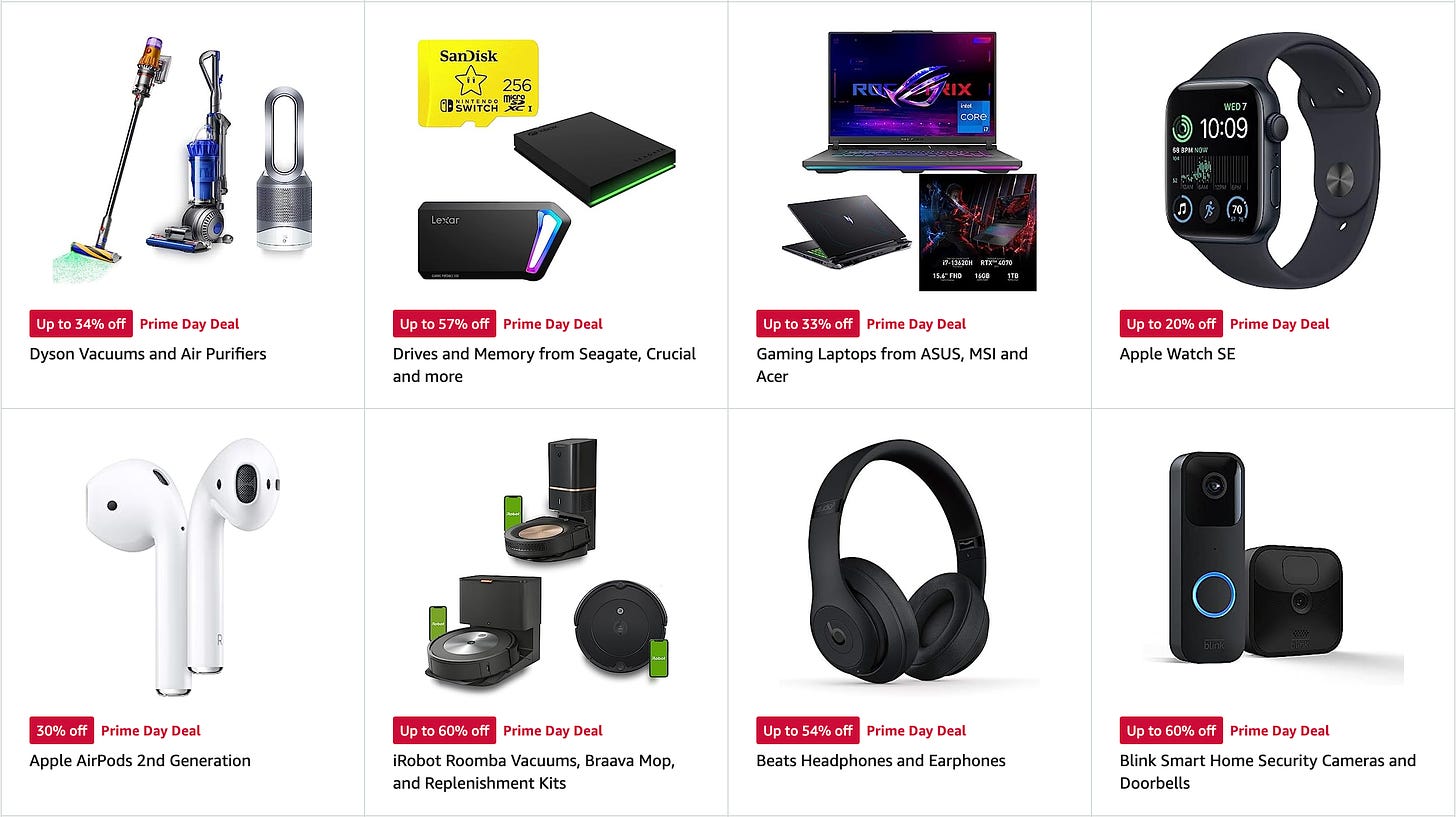 Screenshot from Amazon's Prime Day Deals page showing Dyson Vacuums, Hard Drives, Laptops, Apple Watch, Airpods, Roomba, Beats Headphones, Smart Doorbell
