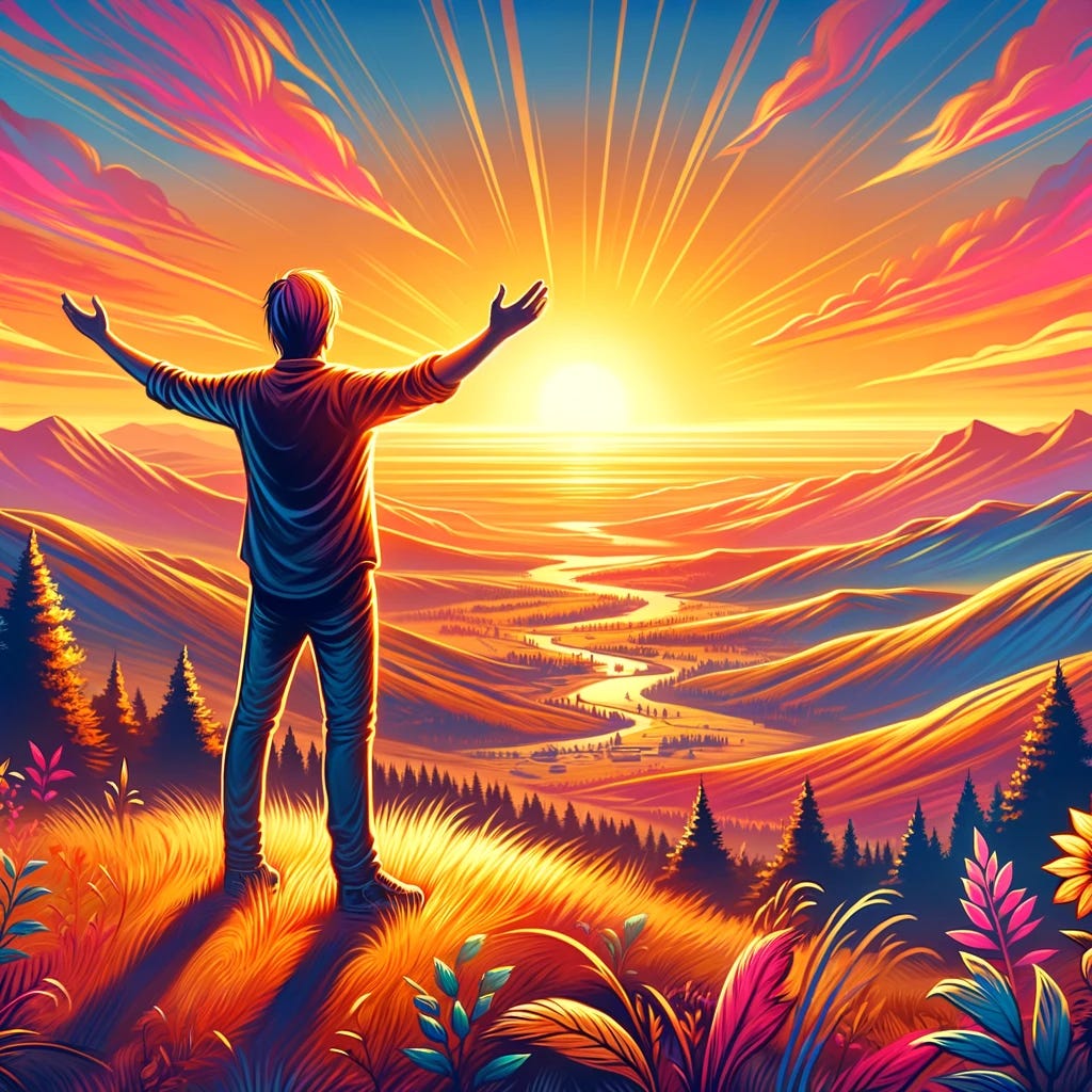 A vibrant and hopeful illustration of a person standing on a hilltop at dawn, gazing into the horizon where the first light of the sun illuminates a vast landscape. The person's posture is one of optimism and anticipation, with open arms embracing the new day. They are dressed in casual, comfortable clothes, symbolizing ease and readiness for whatever comes next. The scene around them is filled with warm colors of orange, pink, and gold, reflecting the promise of a brighter future. The background features a panoramic view of the valley below, with rivers, forests, and distant mountains, all bathed in the soft, golden light of sunrise. This image captures the essence of looking ahead to new beginnings and the endless possibilities that await.