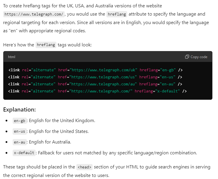 ChatGPT creating hreflang tags for multiple language versions of The Telegraph