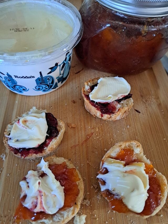 Cornish cream tea scones, home made peach jam, clotted cream.