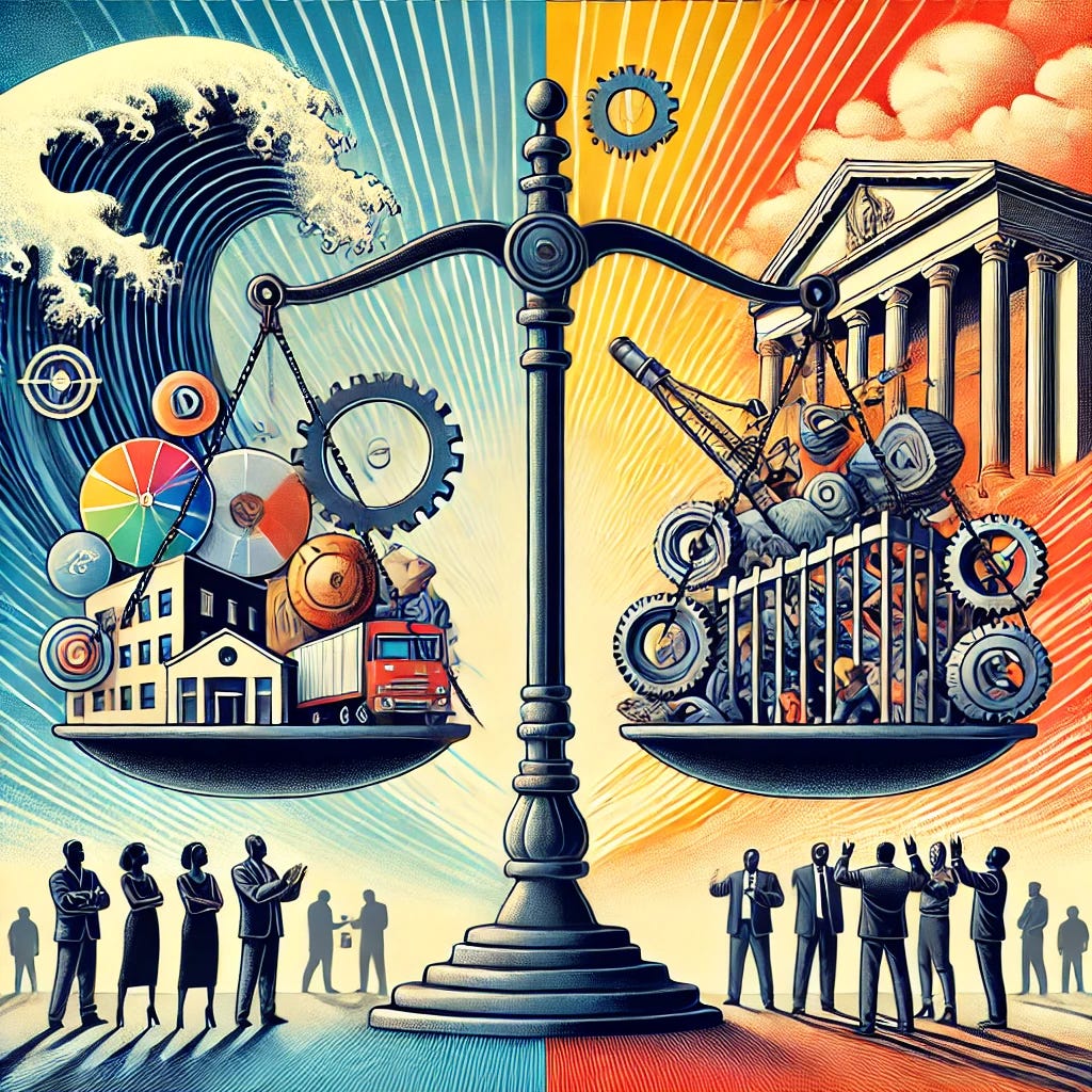 A thought-provoking and visually layered digital illustration inspired by a symposium on criminal justice interventions and the complexity of social change. The central image is a large, symbolic balance scale, one side weighed down by social programs like housing, job training, and criminal justice interventions, represented as abstract icons. The other side carries structural forces like tides and stabilizers, illustrated as waves crashing against rigid, immovable barriers. Figures in modern and historical attire debate around the scale, representing competing perspectives. The background is divided into vibrant colors and shadowy tones, symbolizing optimism and the challenges of systemic reform.
