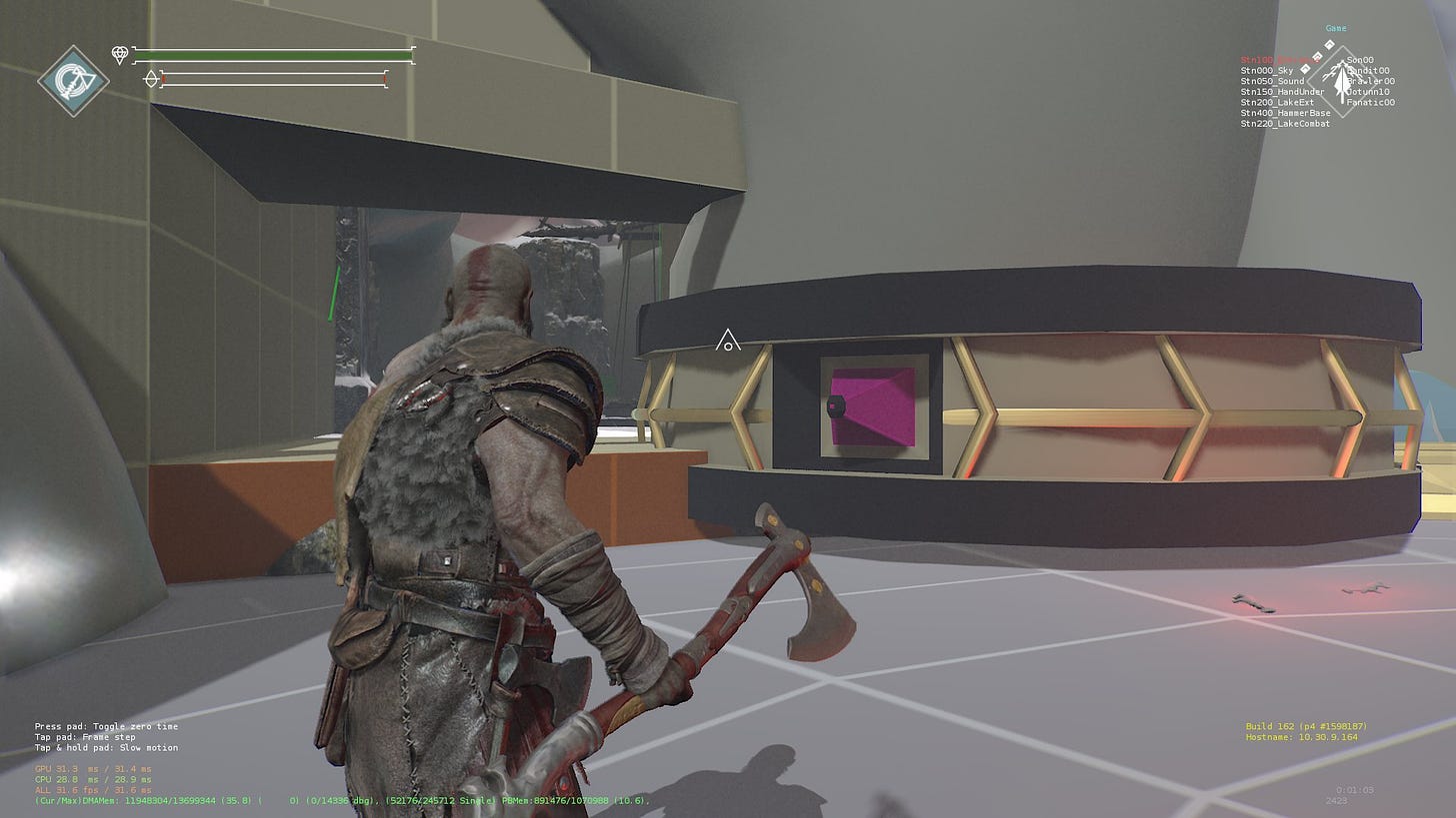 God of War's Kratos in an unfinished game level.