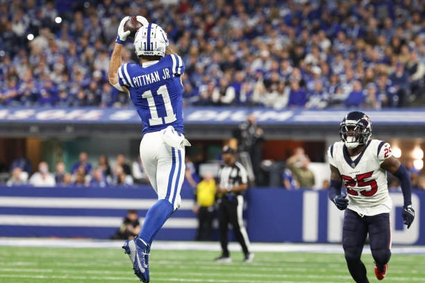 Michael Pittman Jr. #11 of the Indianapolis Colts catches a pass during the fourth quarter against the Houston Texans at Lucas Oil Stadium on January...