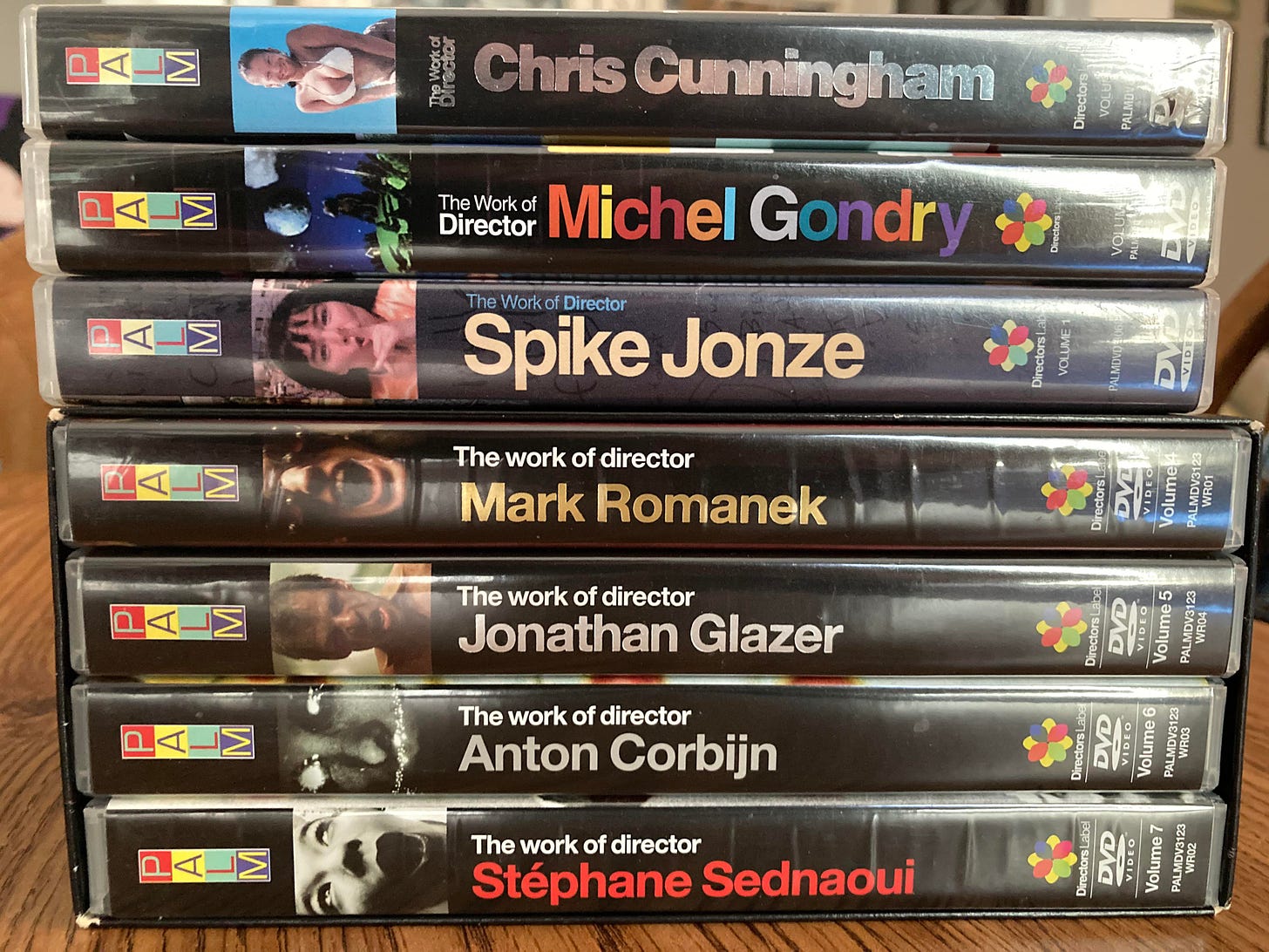 My Palm Directors Label collection. Teenage me dreamed of owning all these.  Jonathan Glazer is my favorite director of the lot but Spike Jonze and  Michel Gondry's volumes are the best in