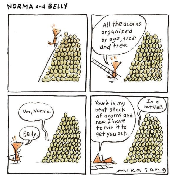 Norma the triangular squirrel is standing on a ladder, stacking acorns into a pile. “All the acorns organized by age, size, and tree.” she says. “Um, Norma,” says a voice from inside the pile. “Belly,” Norma replies. She falls over. “You’re in my neat stack of acorns and now I have to ruin it to get you out.” “In a nutshell,” says Belly.