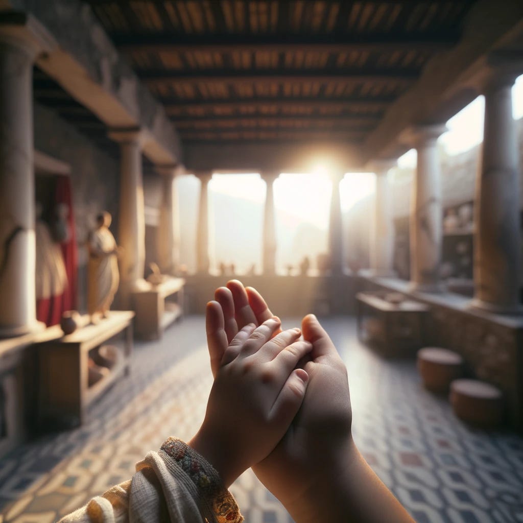 Candid photo representation from 79 CE Pompeii, emphasizing the hands of a ten-year-old boy intertwined with his mother's hand. The background shows a blurred Roman-style villa room, with the sun casting early morning rays. The image has a low depth of field, creating a bokeh effect. Minor flaws in the image add to its realistic charm, and the room's details align with ancient Roman daily life.