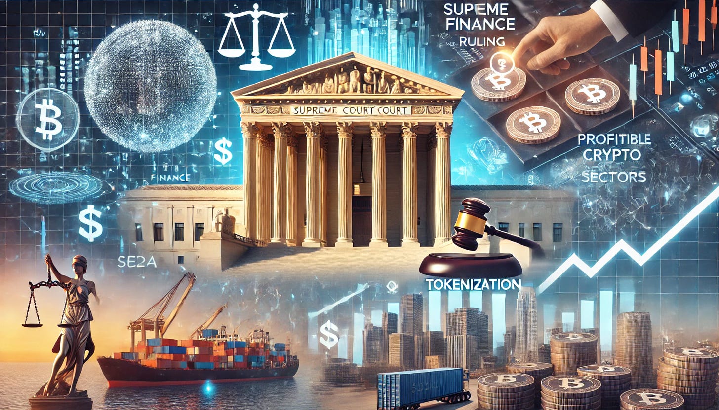 A 16:9 montage image with the following elements:

1. Supreme Court Chevron Ruling: Visualize the Supreme Court building with an overlay of a gavel and scales of justice, indicating the ruling that limits the SEC's power over crypto regulation.

2. Trade Finance and Tokenization: Depict trade finance with images of cargo ships, containers, and blockchain symbols, illustrating the tokenization of real-world assets projected to reach $30.1 trillion over the next decade.

3. Crypto Firm Goes Public: Show a crypto firm going public with a stock market graph, digital coins, and real-world assets, indicating the integration of digital assets with traditional finance.

4. Profitable Crypto Sectors of 2024: Highlight memecoins and tokenization as the most profitable crypto sectors in 2024 with graphics of digital coins, tokens, and growth charts, showing the evolving landscape of crypto investments.